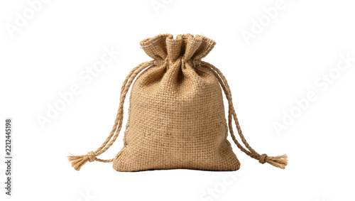 Small burlap drawstring pouch tied with jute rope, isolated on transparent background