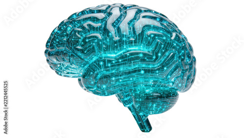 Glowing blue digital brain with circuitry patterns, isolated on transparent background