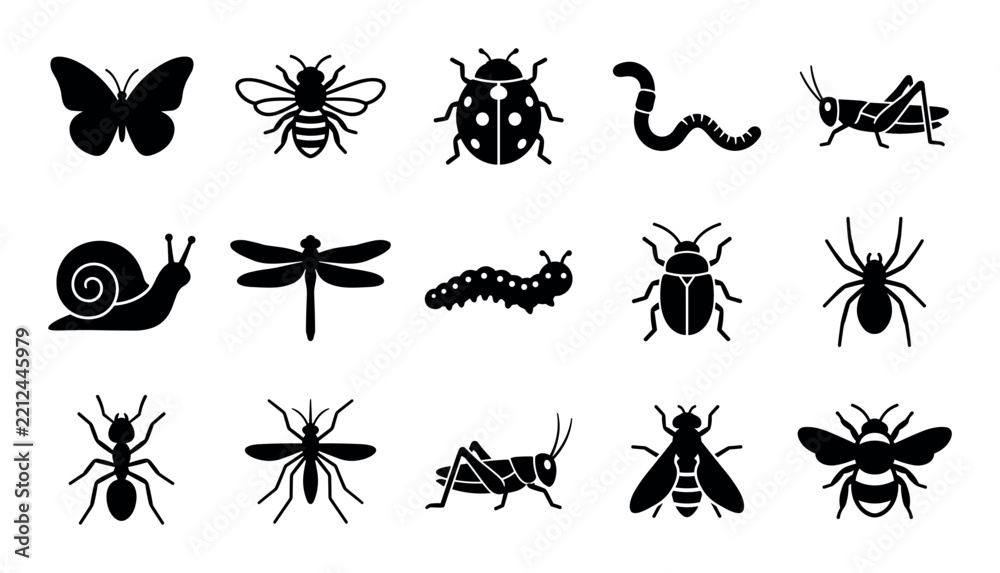 Fototapeta premium Garden wildlife concept icons with butterfly, bee and ladybug for infographic design in silhouette style