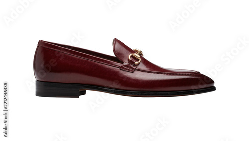 Obraz na plátně Shiny burgundy leather loafer shoe with gold buckle, isolated on transparent bac