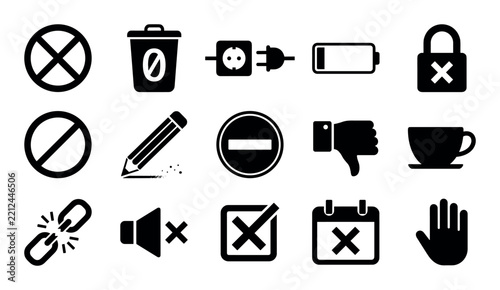 No-zero negation vector icons with crossed out circle, empty battery and forbidden sign for presentation design in solid glyph style