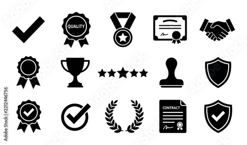 Quality assurance design icons with approval checkmark, quality seal and trophy cup for infographic design in silhouette style