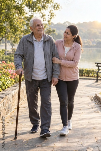 Happy senior man and daughter walking in park.