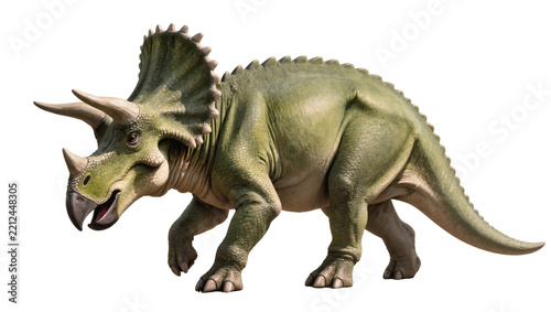 Green triceratops dinosaur with three horns and frill, isolated on transparent background