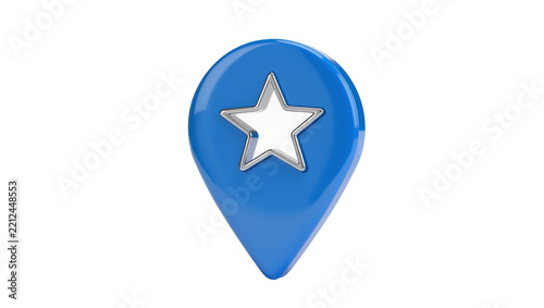 Shiny blue map pin with a silver star emblem, isolated on transparent background