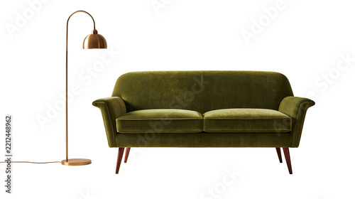 Olive green velvet mid-century modern sofa with a tall brass floor lamp