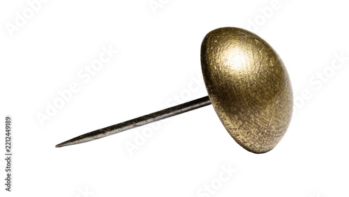Brass thumbtack with textured dome head and sharp metal pin, isolated on transparent background
