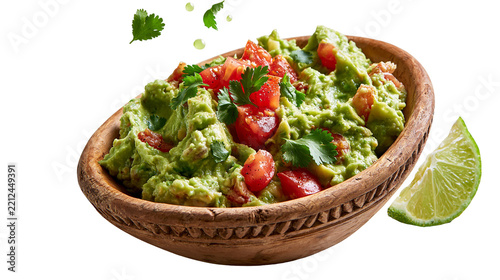 Fotografie Fresh chunky guacamole with diced tomatoes and cilantro in a rustic wooden bowl