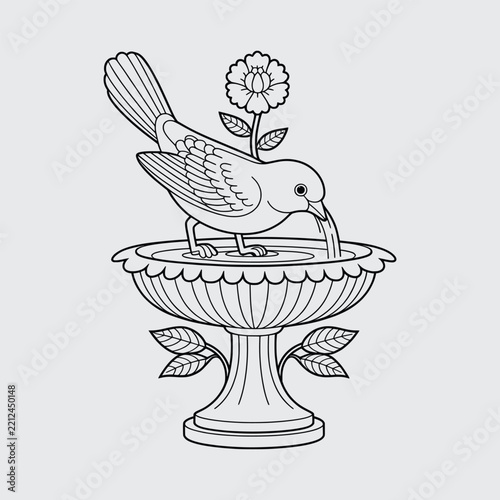 Bird Drinking from Garden Fountain with Flower - Coloring Page Line Art Vector Illustration