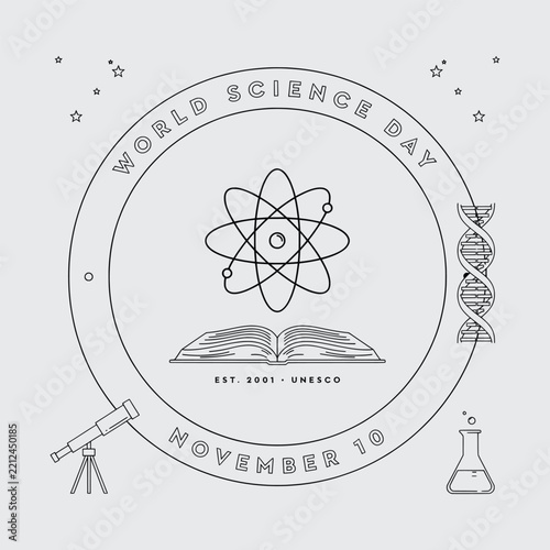World Science Day Poster - November 10 with Atom, DNA, Book and Lab Equipment Line Icons