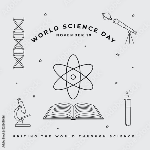 World Science Day Poster - November 10 with Atom, DNA, Book and Lab Equipment Line Icons