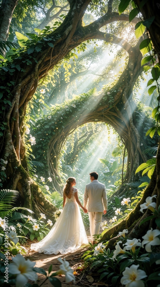 Fototapeta premium Bride, groom walk hand in hand through magical forest tunnel. Newlyweds stroll along sunny jungle path under rich green plants. Romantic wedding couple enjoys fairy tale atmosphere in enchanted