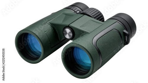 Green textured binoculars with blue lenses, isolated on transparent background