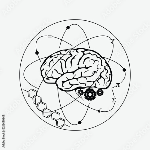 Human Brain with Atom Orbit, Gears and Science Formulas - Knowledge and Intelligence Vector