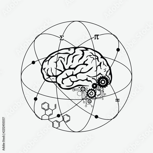 Human Brain with Atom Orbit, Gears and Science Formulas - Knowledge and Intelligence Vector