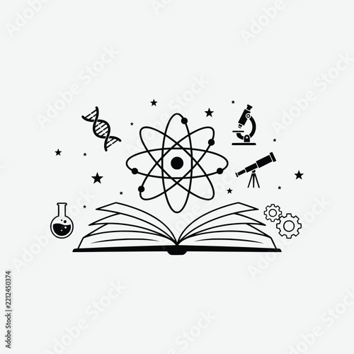 Science and Education Icon Set - Atom, Book, DNA, Microscope and Telescope Vector Illustration