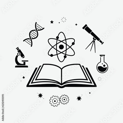 Science and Education Icon Set - Atom, Book, DNA, Microscope and Telescope Vector Illustration