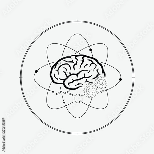 Human Brain with Atom Orbit, Gears and Science Formulas - Knowledge and Intelligence Vector