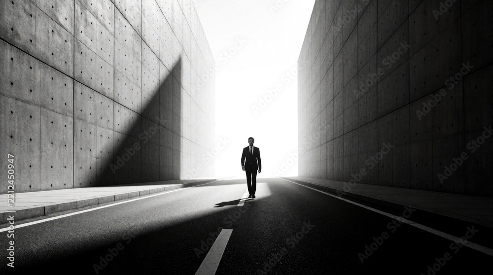 Fototapeta premium Lonely businessman walks alone on empty road between tall concrete walls. Dark silhouette of man in suit moves toward bright light in tunnel. Concept of career opportunity, success, future, solitude,