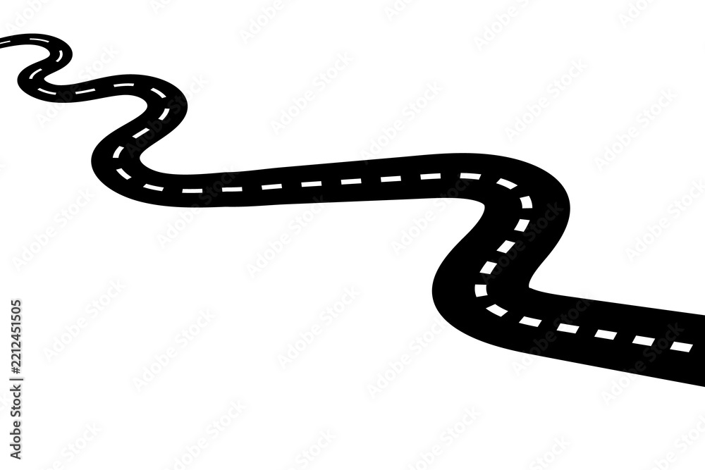 Fototapeta premium Perspective view of winding road with white dashed lanes on a transparent background set.