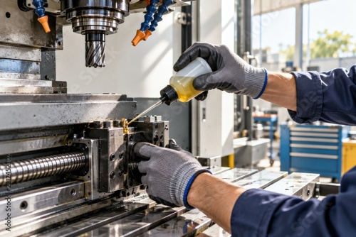Skilled machinist lubricating CNC milling machine parts with oil bottle in modern industrial manufacturing factory workshop
