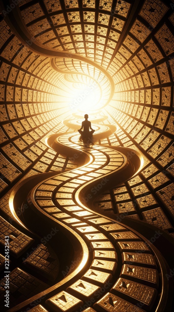 Fototapeta premium Silhouetted person meditates in center of glowing fractal keyboard tunnel. Abstract digital architecture forms winding golden path with computer keys. Concept of zen, mindfulness, mental connection