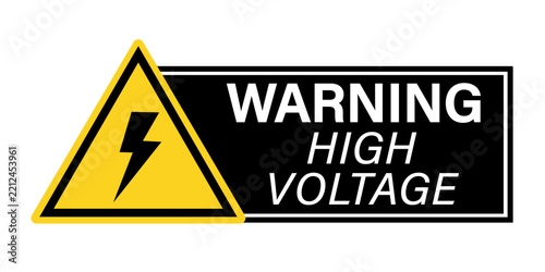 Warning, high voltage. Yellow triangle warning sign with lightning bolt symbol and text by right on black background.