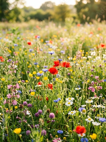 A sun-drenched meadow bursting with a variety of colorful wildflowers including poppies, daisies, and