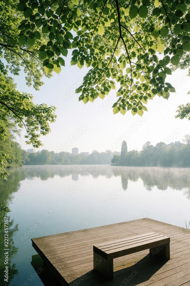 Fototapeta premium Wooden pier with bench sits over calm lake water. Green tree leaves frame top view of peaceful misty landscape. Summer morning scenery with quiet waterfront, foliage. Relaxing nature background for