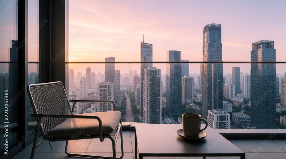 Fototapeta premium Modern balcony view of city skyline at sunrise. Minimalist metal chair, coffee mug sit on terrace. Skyscraper buildings under pastel sky create calm urban atmosphere. High floor apartment lifestyle