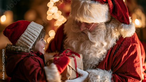 Santa Claus Sharing a Gift with a Child, Christmas Morning Surprise, Holiday Cheer, Winter Wonderland, Festive Atmosphere