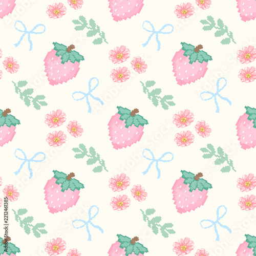 seamless pattern with strawberry, Pixel-style image