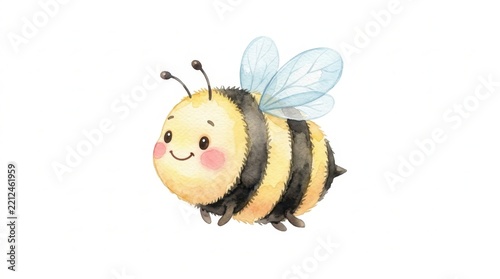 Cute fluffy bumblebee with yellow and black stripes and translucent blue wings, depicted in a charming watercolor illustration style, happily floating on a clean white background.