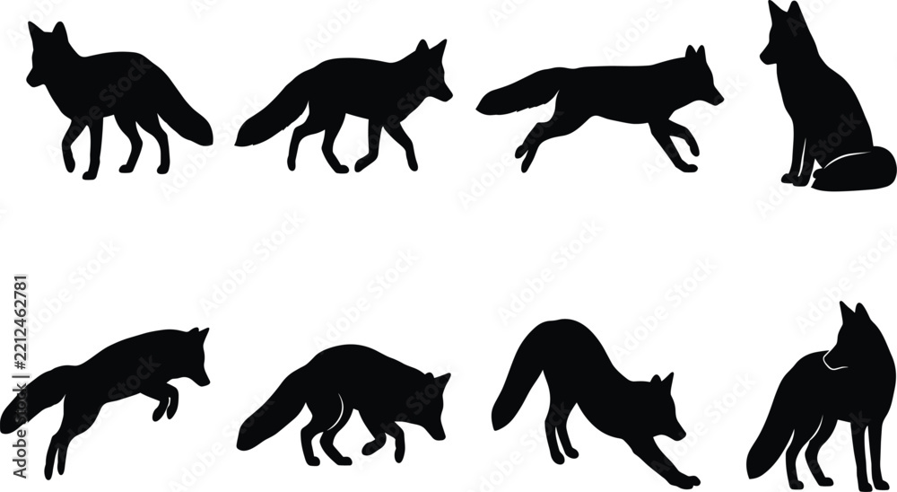 Obraz premium Set of Eight Black Fox Silhouettes in Various Dynamic Poses on White BackgroundSet of Eight Black Fox Silhouettes in Various Dynamic Poses on White Background