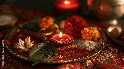Shubh Maha Ashtami Thali: Beautifully Arranged Puja Plate with Diya, Flowers, and Aarti Items - Hindu Festival