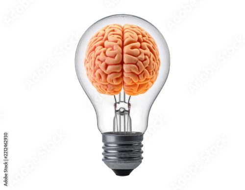 High resolution, conceptual stock photo capturing a cleverly designed bulb, shaped intricately like a human's brain and boldly emitting a gleaming, fresh light