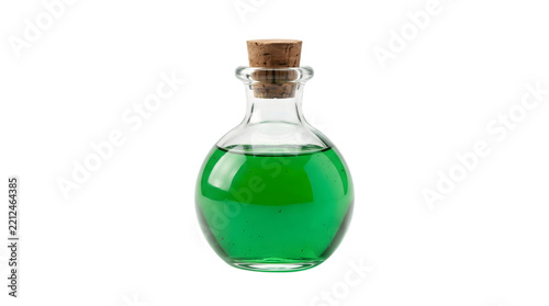Glass potion bottle with green liquid isolated on transparent background