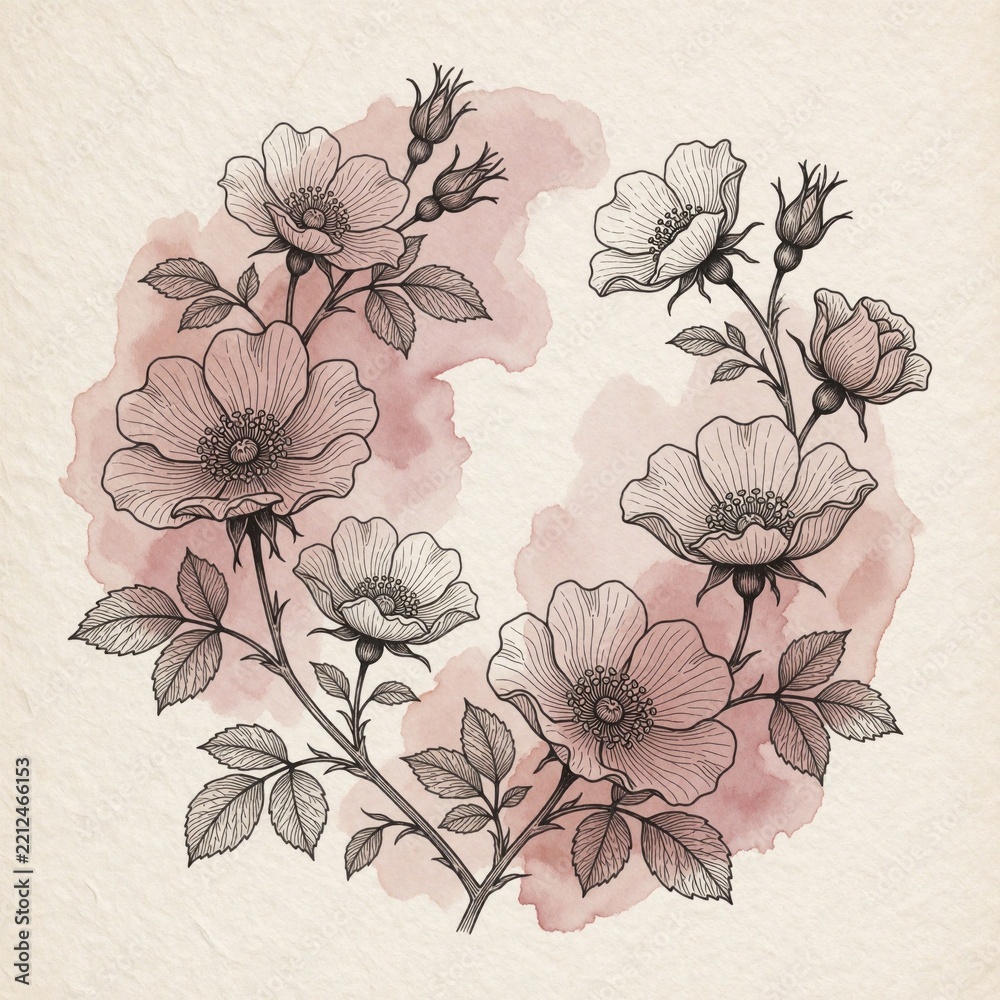Fototapeta premium Japandi style floral illustration with wild rose flowers in circle shape. Abstract pink watercolor wash background with delicate line art botanical pattern. Hand drawn rose blossom design for home