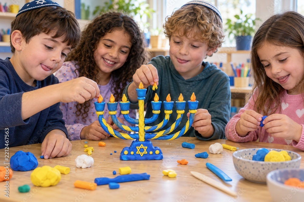 Obraz premium Happy children sculpting a clay menorah together to celebrate Hanukkah at a wooden table in a bright and cozy classroom setting.
