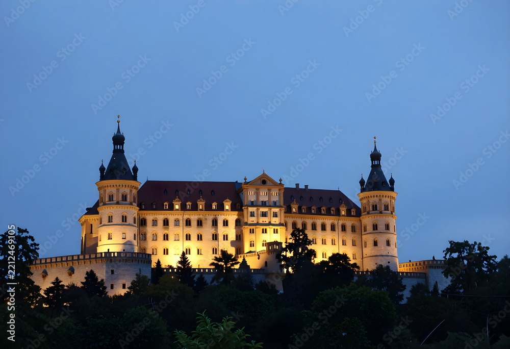 Fototapeta premium European heritage and tourism, Schwerin Castle illuminated at night with historic architecture and travel destination in Germany during blue hour twilight
