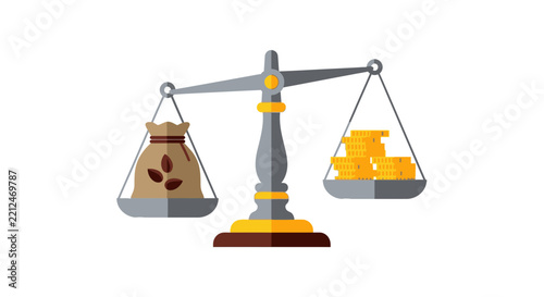 Coffee Beans and Gold Coins on Balance Scale Representing Commodity Value and Market Price