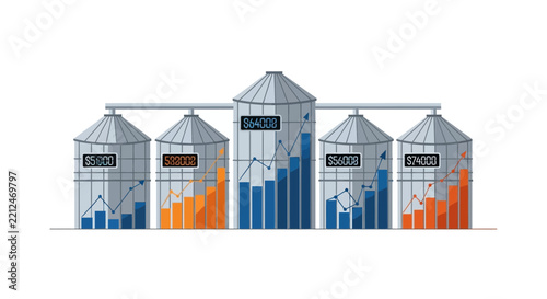 Agricultural Silos with Financial Growth Charts and Commodity Market Data