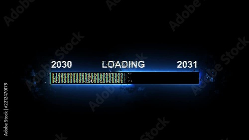 Neon blue loading bar transition with 2030 to 2031 year countdown glitch effect progress bar.4k motion video graphics