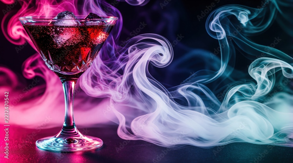 Fototapeta premium Red cocktail in glass with ice cubes, smoke swirls. Colorful pink, blue vapor rises around drink. Dark background with neon glow creates moody atmosphere for bar lounge. Mixology concept with copy