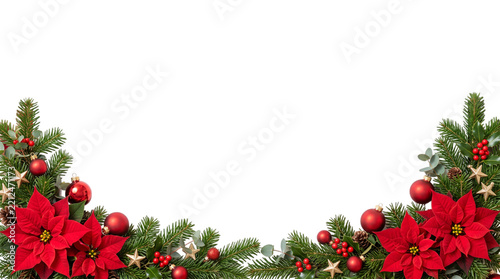 Festive Christmas background border featuring bright red poinsettia flowers green pine branches shiny baubles and tiny gold stars isolated on transparent background