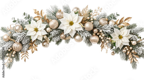 Elegant Christmas garland decorated with white poinsettia flowers, golden baubles, frosted pine branches, and shiny metallic leaves presented on transparent background