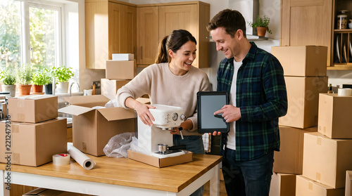 Smiling young couple unboxing modern espresso coffee maker machine from cardboard box while checking digital tablet instructions in cozy sunny kitchen after moving into new apartment home