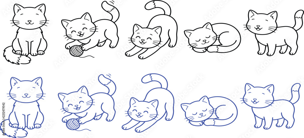 Obraz premium Five cartoon cats in various poses are depicted as a black and white illustration