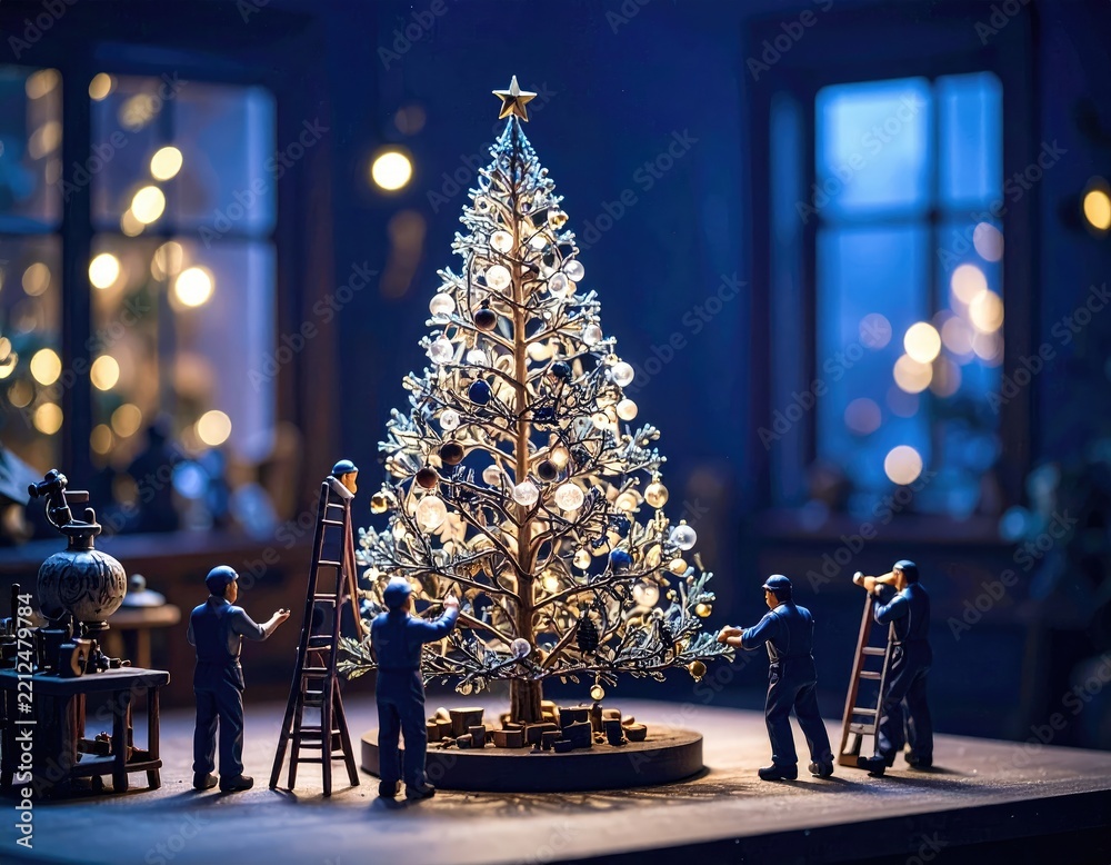 Fototapeta premium Miniature workers decorating christmas tree 