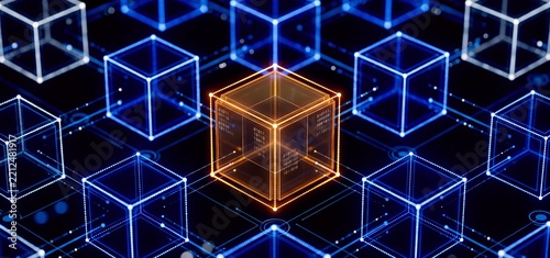 Abstract digital network of interconnected glowing cubes and binary code representing data flow and blockchain technology with a central orange cube.